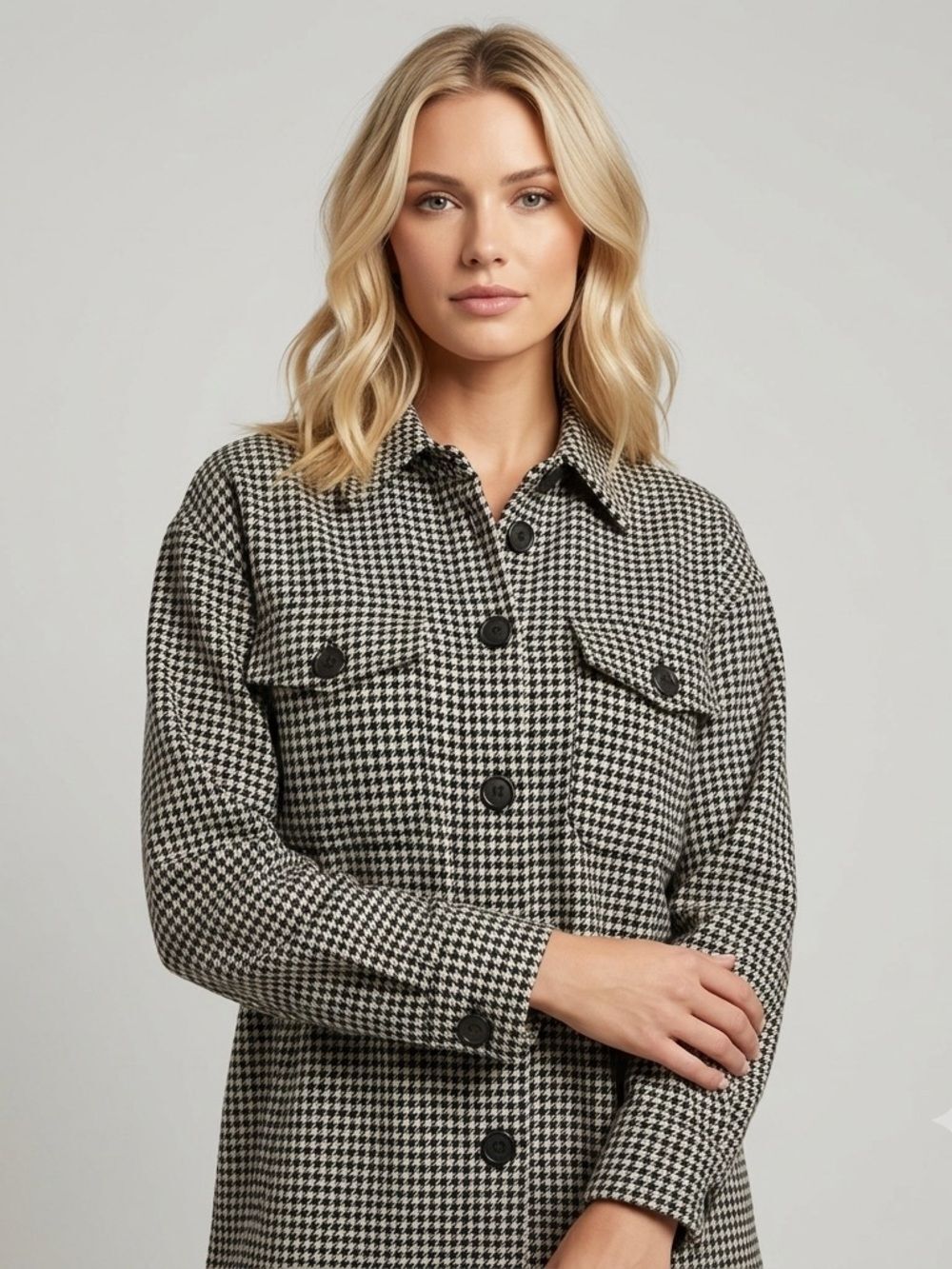 GAP Black & Tan Houndstooth Button-Up Thick Stretch Shirt Shacket Rayon Blend XL